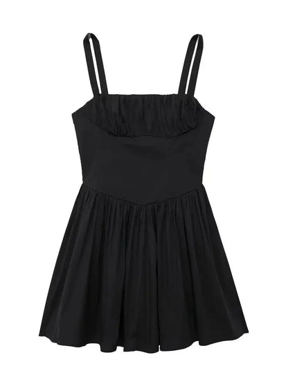 Mini Dresses- Pleated Fit & Flare Black Dress for Summer- Black- IndioGear.com