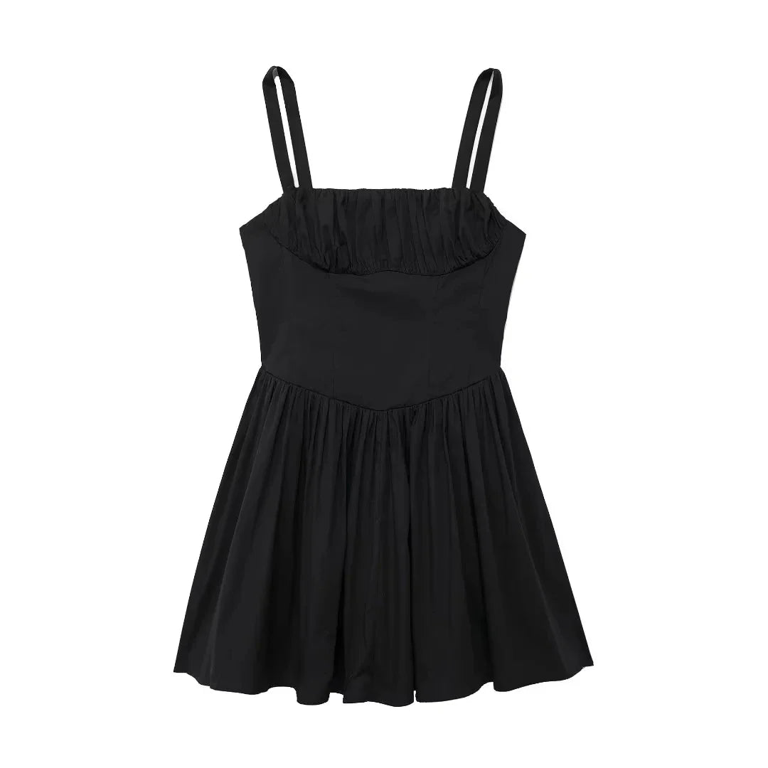 Mini Dresses- Pleated Fit & Flare Black Dress for Summer- - IndioGear.com