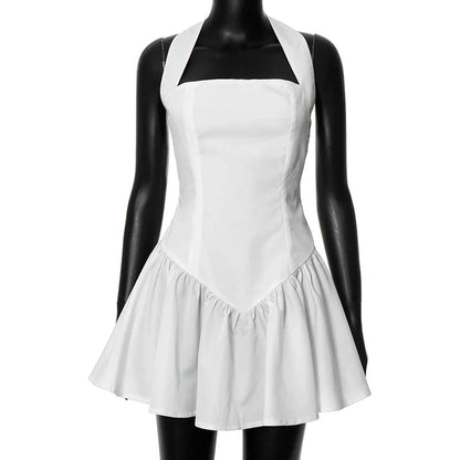 Mini Dresses- Summer Halter Fit and Flare Dress for Cocktails- White- IndioGear.com