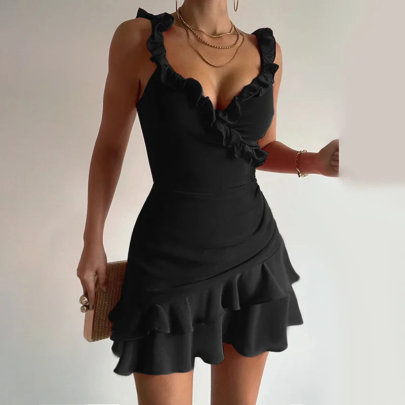 Mini Dresses- Summer Ruffled Mini Dress for Parties & Beach Weddings- Black- Chuzko Women Clothing