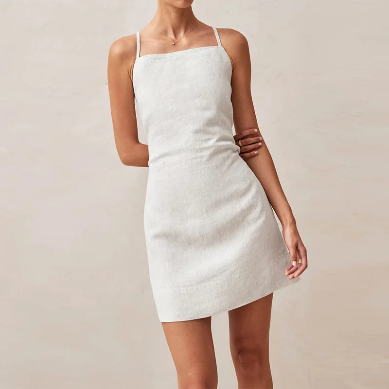 Mini Dresses- Tailored Backless Cotton-Linen Mini Dress- White- IndioGear.com