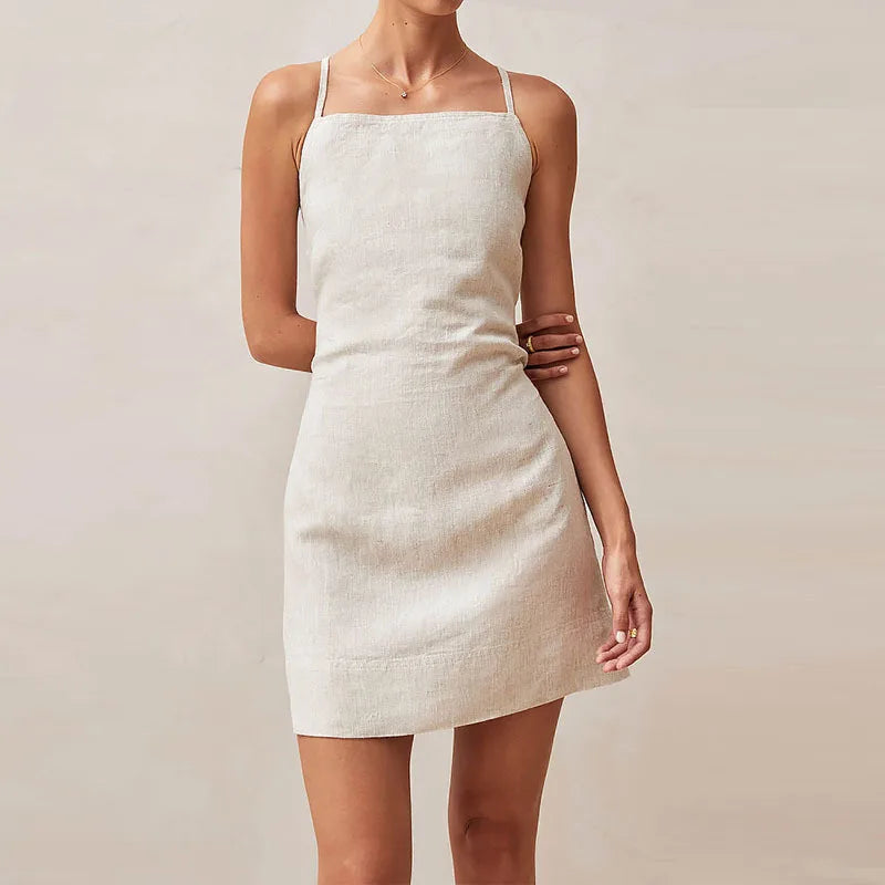 Mini Dresses- Tailored Backless Cotton-Linen Mini Dress- - IndioGear.com