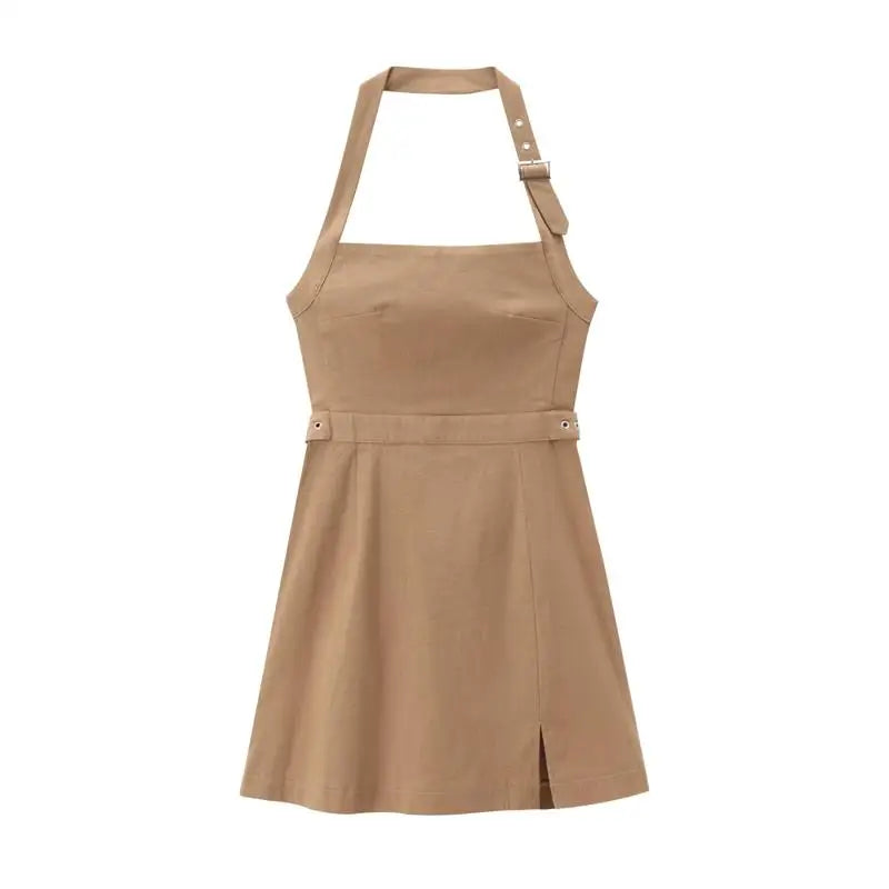 Mini Dresses- Tailored Fit-and-Flare Backless Halter Dress- Khaki- IndioGear.com