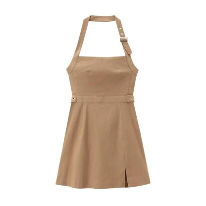 Mini Dresses- Tailored Fit-and-Flare Backless Halter Dress- Khaki- IndioGear.com