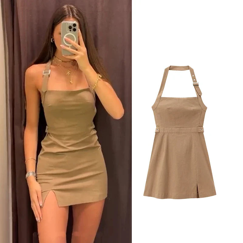 Mini Dresses- Tailored Fit-and-Flare Backless Halter Dress- - IndioGear.com