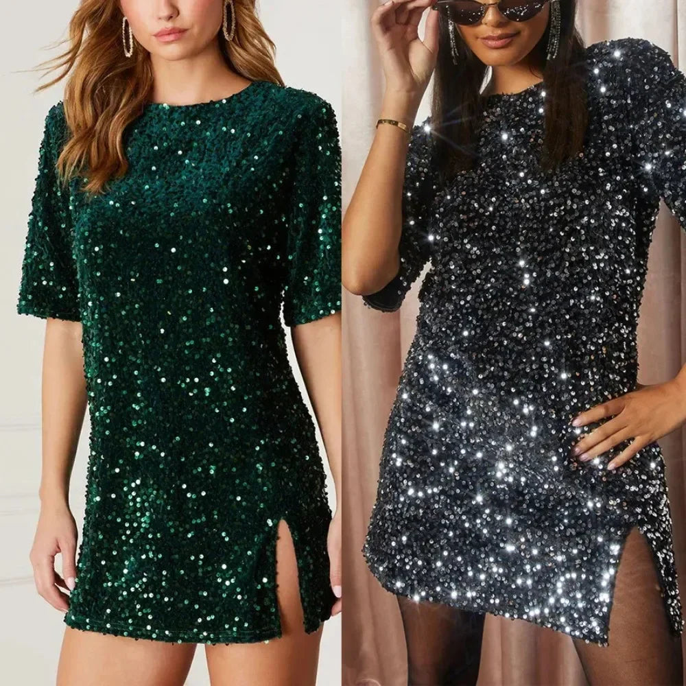 Mini Dresses- V-Shape Back Sequin Mini Dress Elbow Sleeve Evening Wear- - IndioGear.com