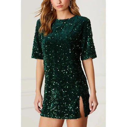 Mini Dresses- V-Shape Back Sequin Mini Dress Elbow Sleeve Evening Wear- - IndioGear.com