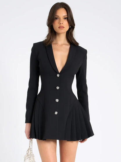 Mini Dresses- Vogue V-Neck Tuxedo Mini Dress- Black- IndioGear Women Clothing