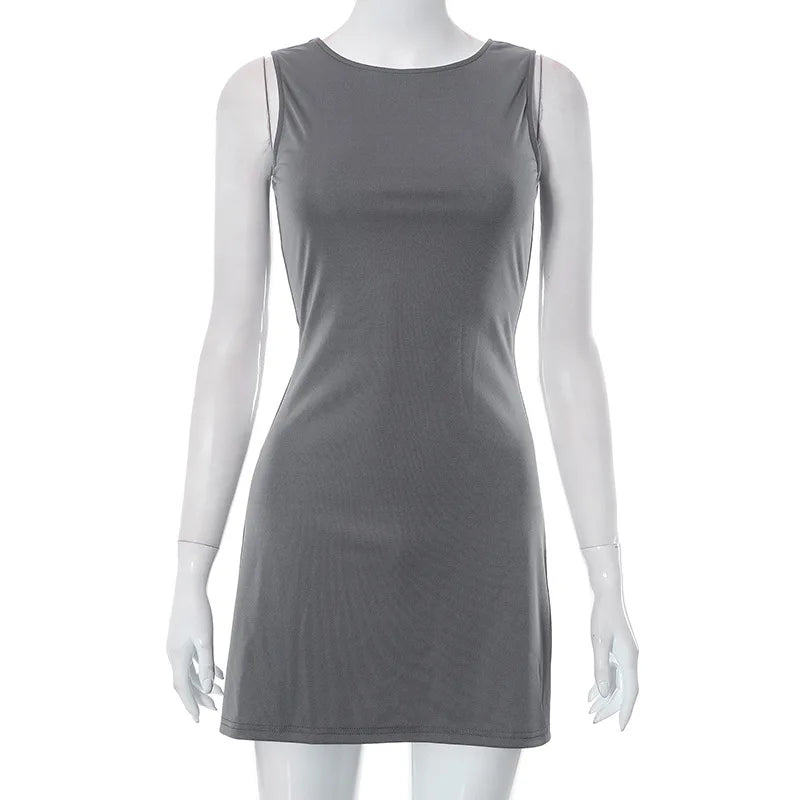 Mini Dresses- Woman Solid Essential A-Line Sleeveless Mini Dress- - IndioGear.com