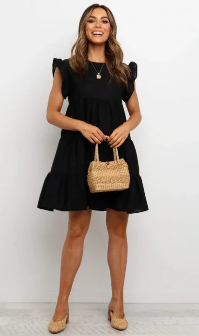 Mini Dresses- Women Ruffled Shoulder Tiered Gingham Mini Dress- Black- IndioGear.com