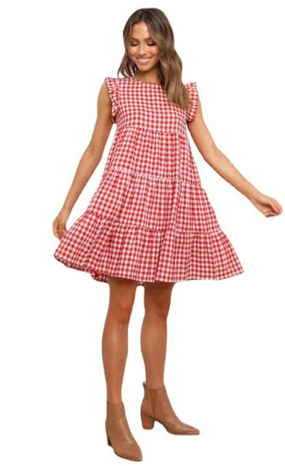 Mini Dresses- Women Ruffled Shoulder Tiered Gingham Mini Dress- - IndioGear.com