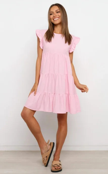 Mini Dresses- Women Ruffled Shoulder Tiered Gingham Mini Dress- Pink- IndioGear.com