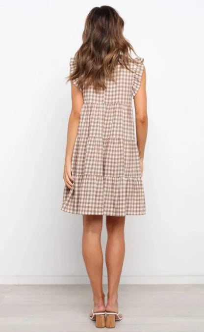 Mini Dresses- Women Ruffled Shoulder Tiered Gingham Mini Dress- - IndioGear.com