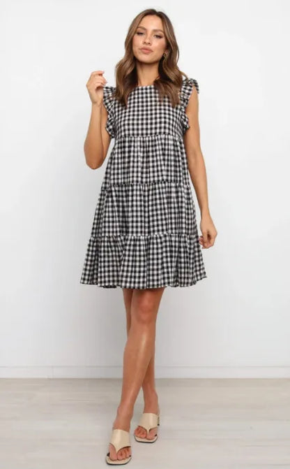 Mini Dresses- Women Ruffled Shoulder Tiered Gingham Mini Dress- Black white plaid- IndioGear.com