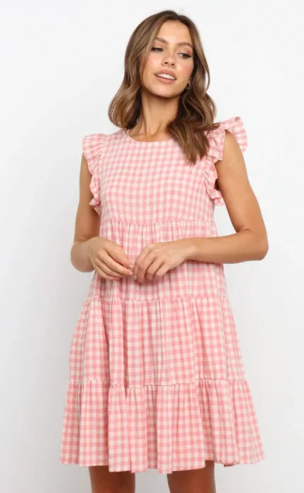 Mini Dresses- Women Ruffled Shoulder Tiered Gingham Mini Dress- Pink white plaid- IndioGear.com