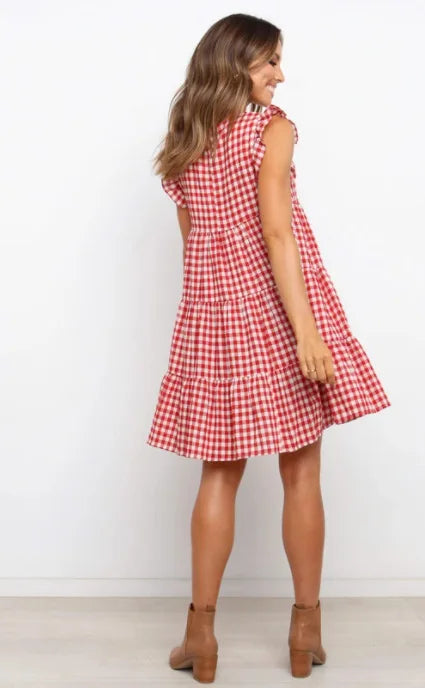 Mini Dresses- Women Ruffled Shoulder Tiered Gingham Mini Dress- - IndioGear.com