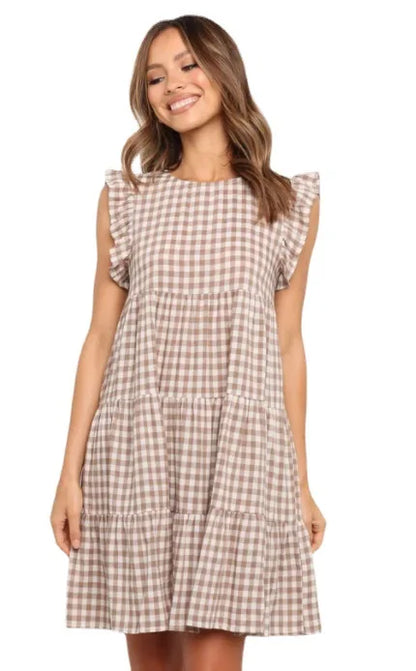 Mini Dresses- Women Ruffled Shoulder Tiered Gingham Mini Dress- - IndioGear.com