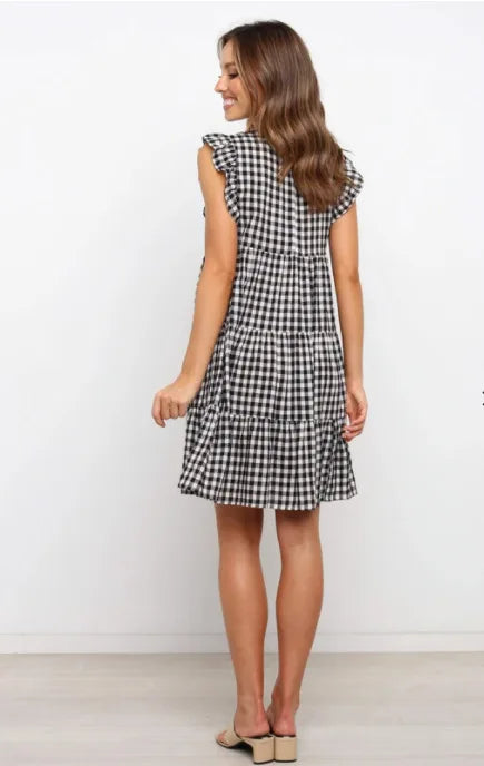 Mini Dresses- Women Ruffled Shoulder Tiered Gingham Mini Dress- - IndioGear.com