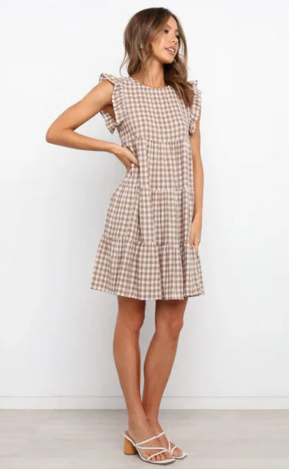 Mini Dresses- Women Ruffled Shoulder Tiered Gingham Mini Dress- - IndioGear.com