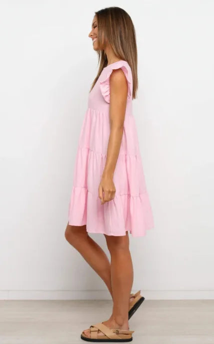 Mini Dresses- Women Ruffled Shoulder Tiered Gingham Mini Dress- - IndioGear.com