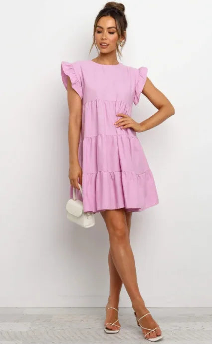 Mini Dresses- Women Ruffled Shoulder Tiered Gingham Mini Dress- - IndioGear.com