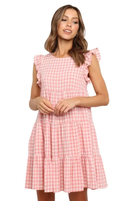 Mini Dresses- Women Ruffled Shoulder Tiered Gingham Mini Dress- - IndioGear.com