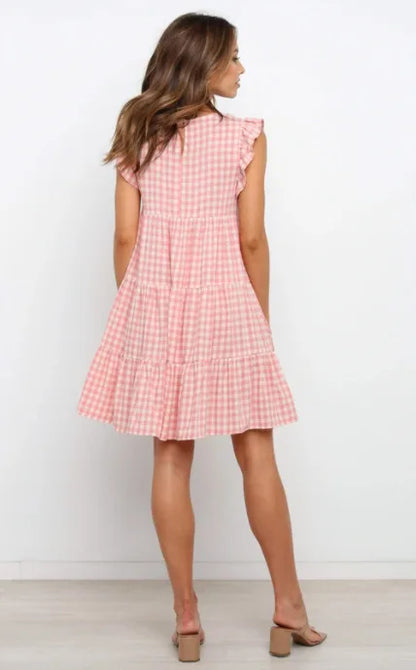 Mini Dresses- Women Ruffled Shoulder Tiered Gingham Mini Dress- - IndioGear.com