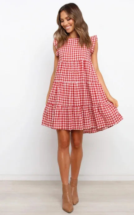 Mini Dresses- Women Ruffled Shoulder Tiered Gingham Mini Dress- Red white plaid- IndioGear.com