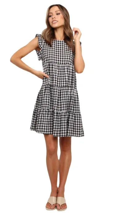 Mini Dresses- Women Ruffled Shoulder Tiered Gingham Mini Dress- - IndioGear.com