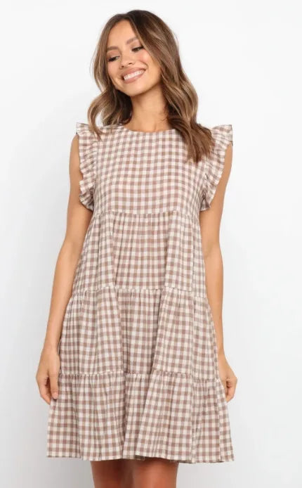 Mini Dresses- Women Ruffled Shoulder Tiered Gingham Mini Dress- - IndioGear.com