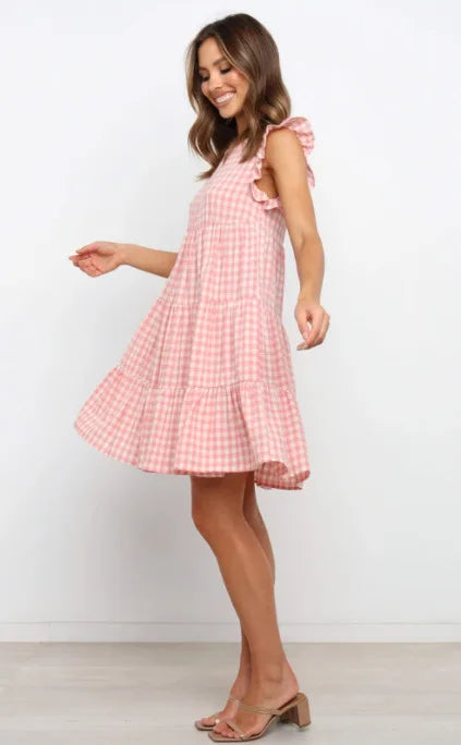 Mini Dresses- Women Ruffled Shoulder Tiered Gingham Mini Dress- - IndioGear.com