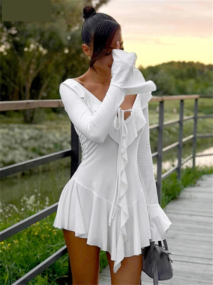 Mini Dresses- Women White Ruffle Mini Dress for Special Occasions- - IndioGear.com