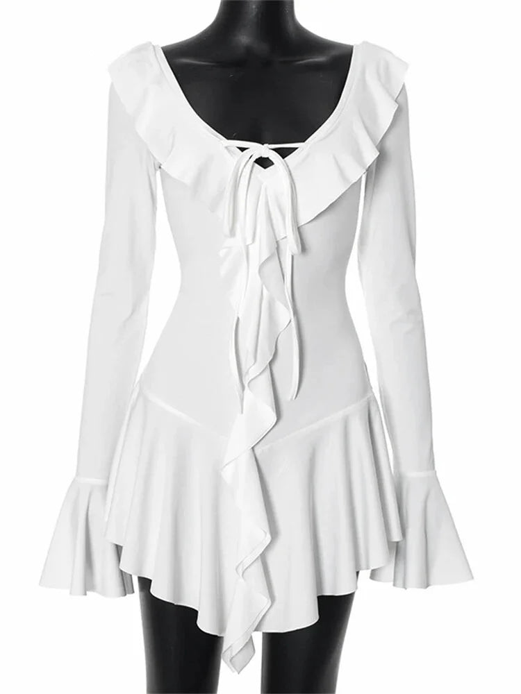 Mini Dresses- Women White Ruffle Mini Dress for Special Occasions- - IndioGear.com