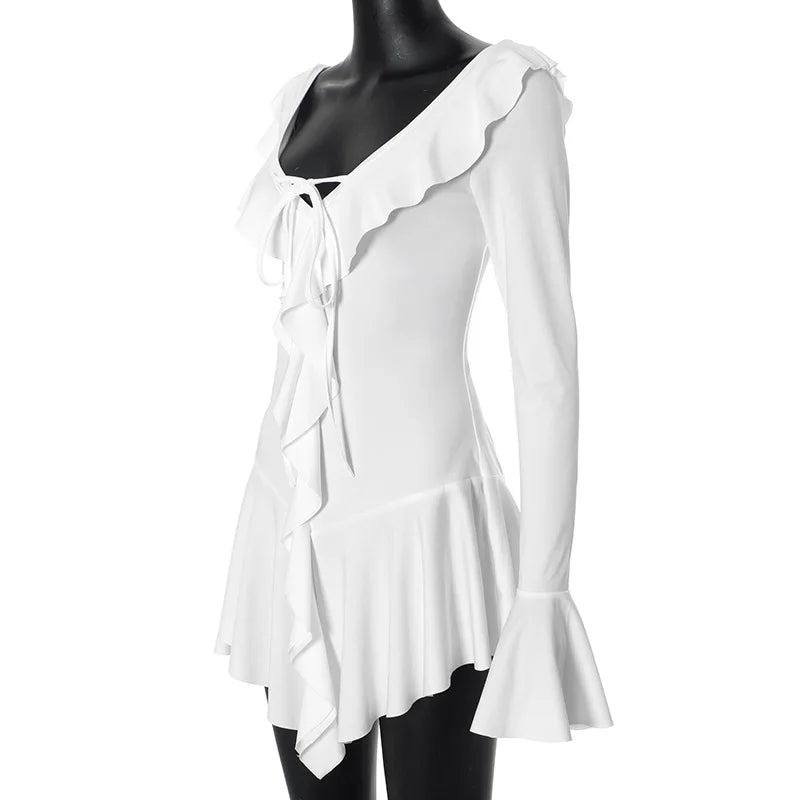 Mini Dresses- Women White Ruffle Mini Dress for Special Occasions- - IndioGear.com