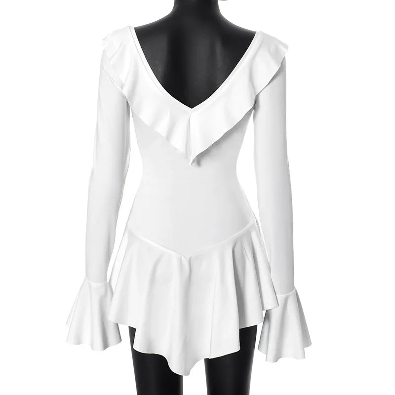 Mini Dresses- Women White Ruffle Mini Dress for Special Occasions- - IndioGear.com