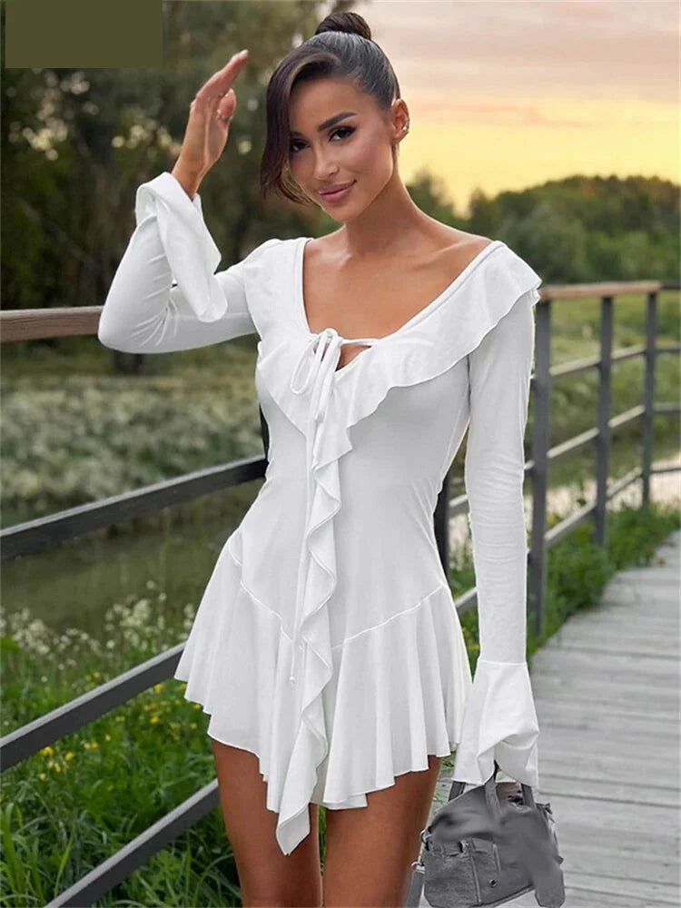 Mini Dresses- Women White Ruffle Mini Dress for Special Occasions- - IndioGear.com