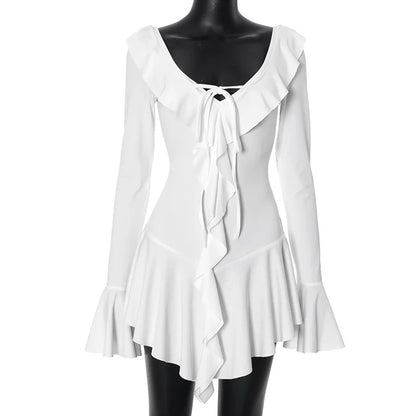 Mini Dresses- Women White Ruffle Mini Dress for Special Occasions- - IndioGear.com