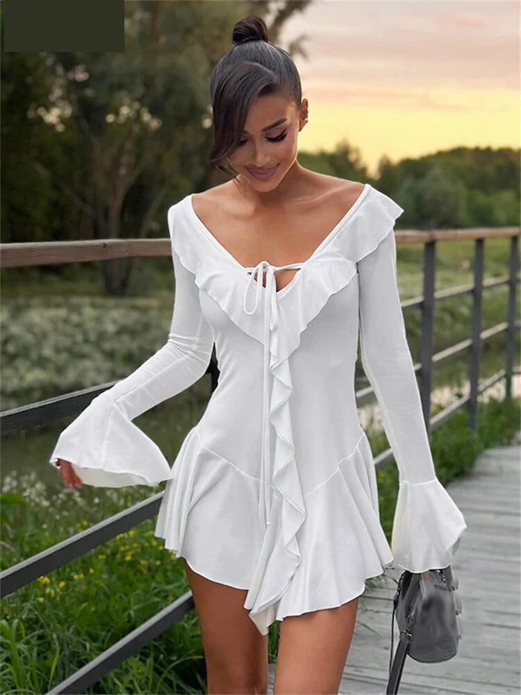 Mini Dresses- Women White Ruffle Mini Dress for Special Occasions- - IndioGear.com