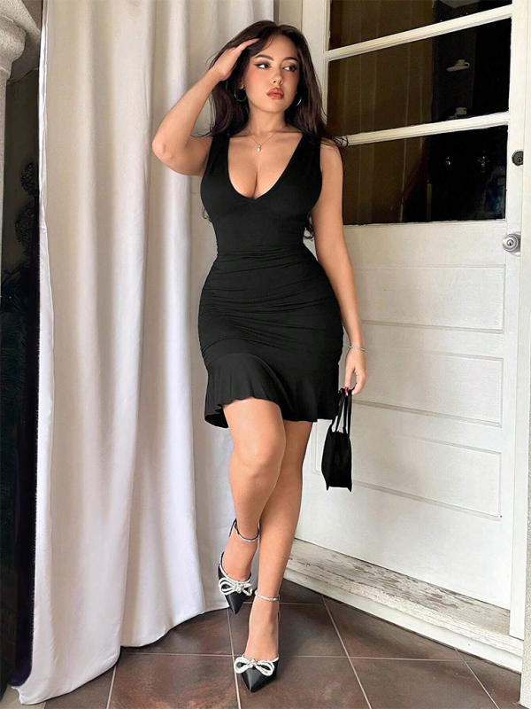 Mini Dresses- Women's Flared Hem Scoop-Neck Little Black Dress- - IndioGear.com