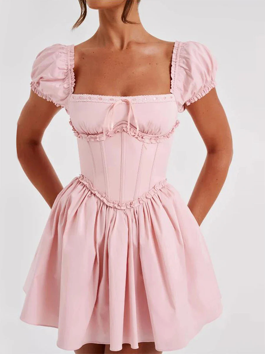 Mini Dresses- Women's Lace-Up Back Fit & Flare Milkmaid Corset Dress- - IndioGear Fashion and Gear