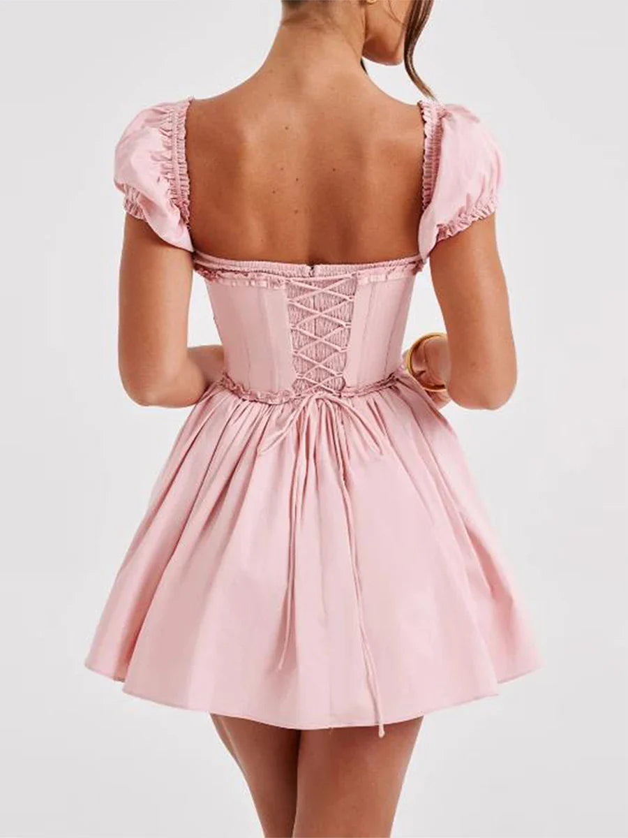 Mini Dresses- Women's Lace-Up Back Fit & Flare Milkmaid Corset Dress- - IndioGear Fashion and Gear