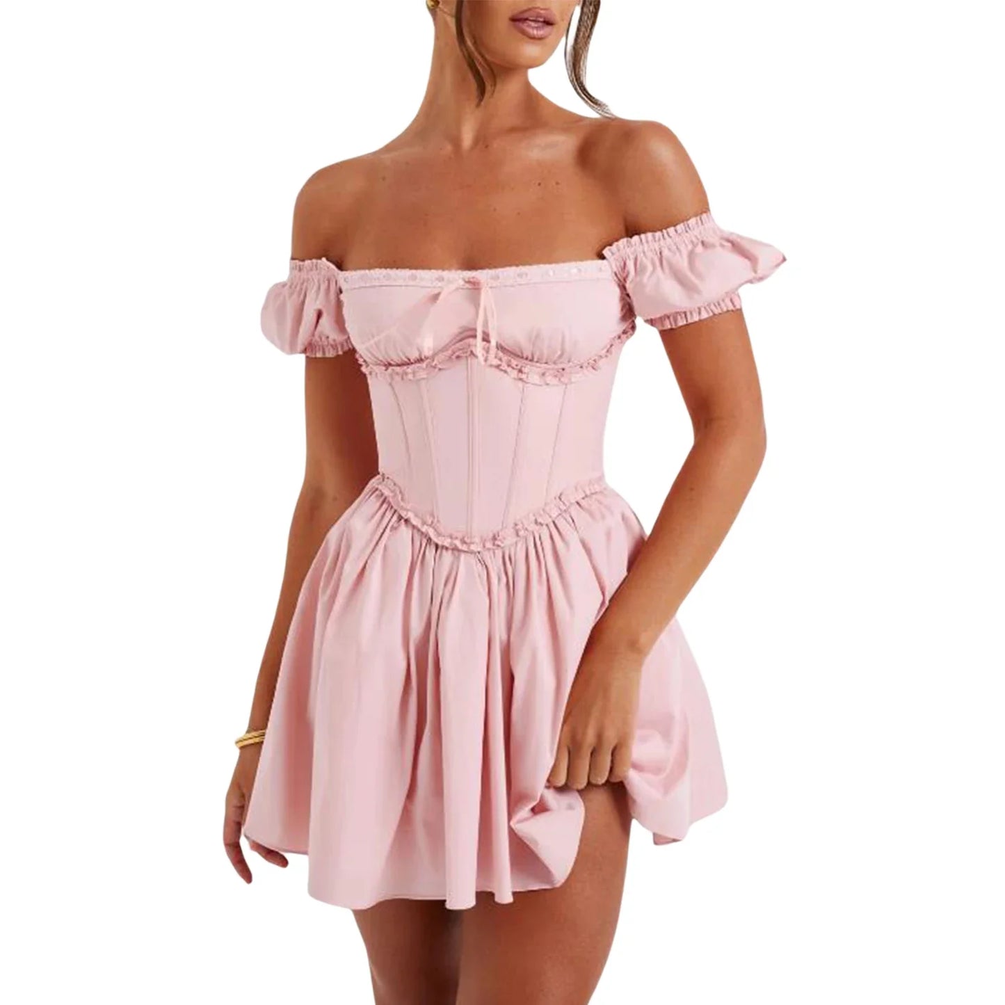 Mini Dresses- Women's Lace-Up Back Fit & Flare Milkmaid Corset Dress- Pink- IndioGear Fashion and Gear