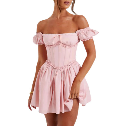 Mini Dresses- Women's Lace-Up Back Fit & Flare Milkmaid Corset Dress- Pink- IndioGear Fashion and Gear