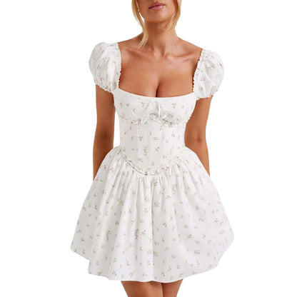 Mini Dresses- Women's Lace-Up Back Fit & Flare Milkmaid Corset Dress- White- IndioGear Fashion and Gear