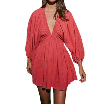 Mini Dresses- Women's Smocked Waistband Mini Dress with Lantern Sleeves- Red- IndioGear.com