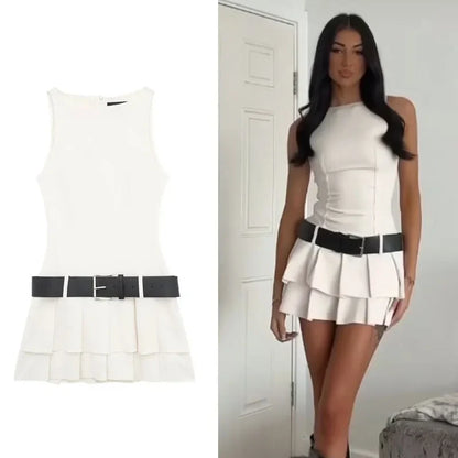 Mini Dresses- Women's Summer Quilt Pleated Mini Dress with Drop Waist and Stylish Black Belt- - IndioGear Fashion and Gear