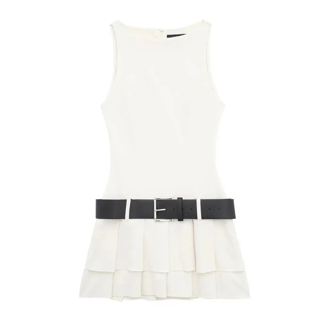 Mini Dresses- Women's Summer Quilt Pleated Mini Dress with Drop Waist and Stylish Black Belt- Ivory- IndioGear Fashion and Gear