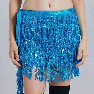 Mini Skirts- Golden Tassel Hip Scarf Skirt for Belly Dancers- Sky blue- IndioGear.com