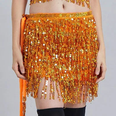 Mini Skirts- Golden Tassel Hip Scarf Skirt for Belly Dancers- Orange- IndioGear.com