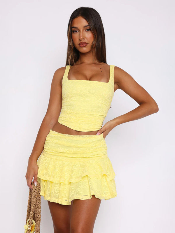 Mini Skirts- Lace Layered Ruched Mini Skirt- - IndioGear Women Clothing